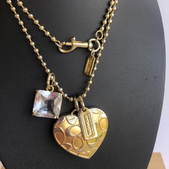 Coach Logo Gold Heart Locket Necklace with Attached Stone - Picture 5 of 8